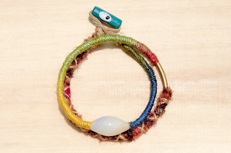 情人节礼物 手捻纱丽线+渐层麻线定制化手绳-条纹口吹玻璃+黄铜 - 手链/手环 - 玻璃 多色