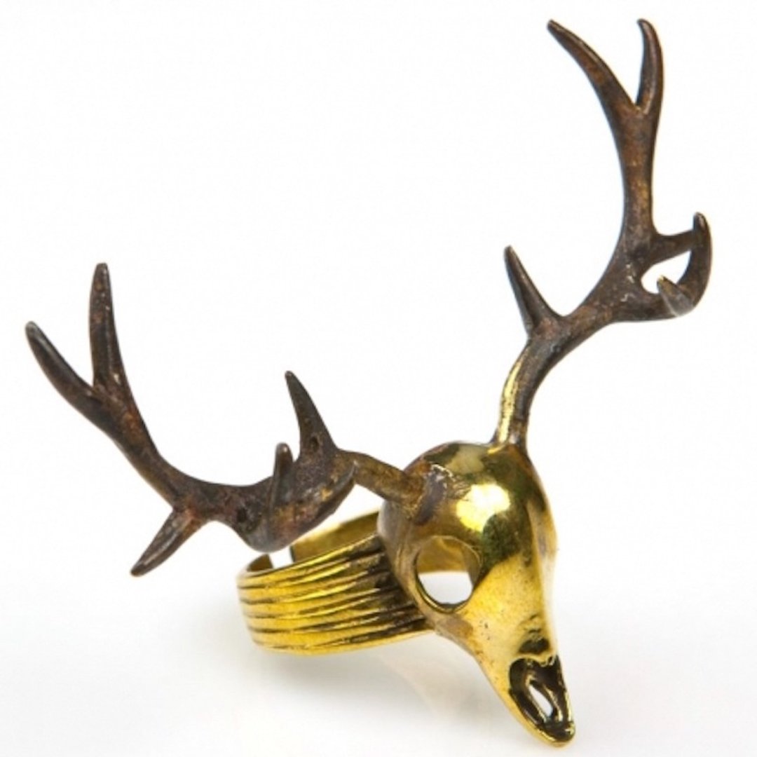 Stag skull Ring in brass color ,Rocker jewelry ,Skull jewelry,Biker jewelry - 戒指 - 其他金属 