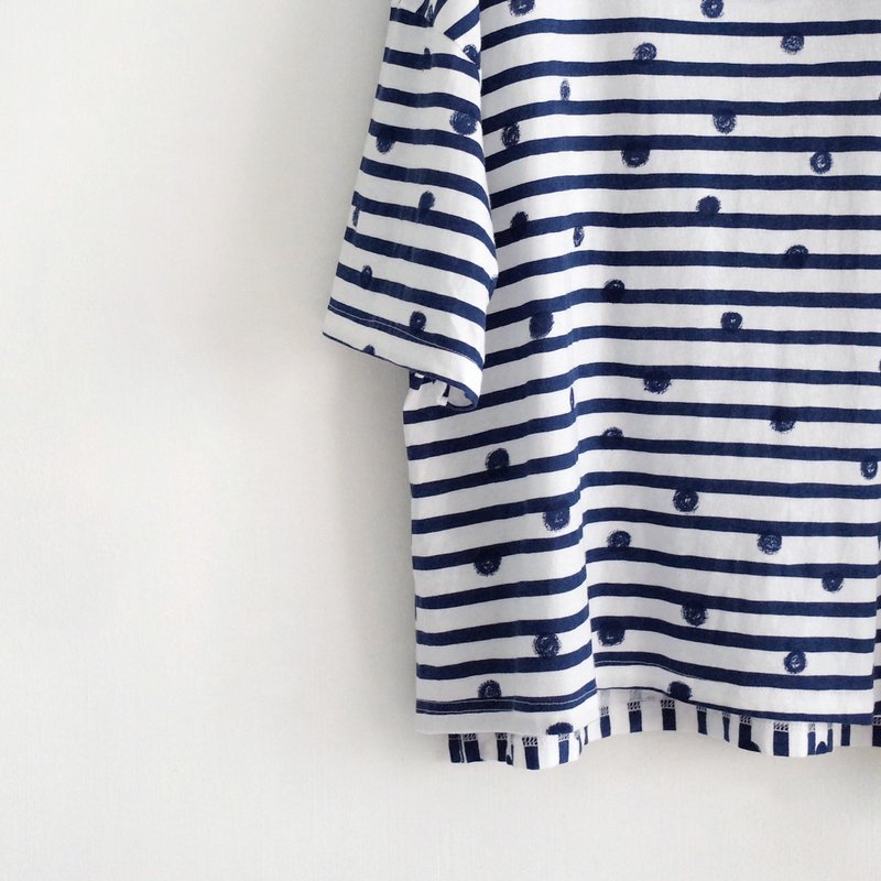 条纹点点 tee - 深蓝 - 女装 T 恤 - 棉．麻 蓝色