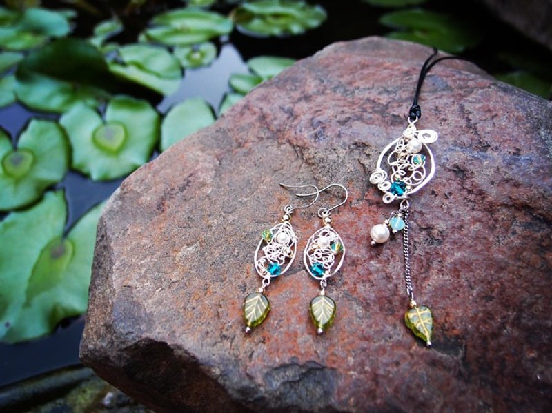 《DODOWU手作轻珠宝》【一叶套组※手工金属线创作】抗过敏耳针X可以改夹式 - 耳环/耳夹 - 宝石 绿色