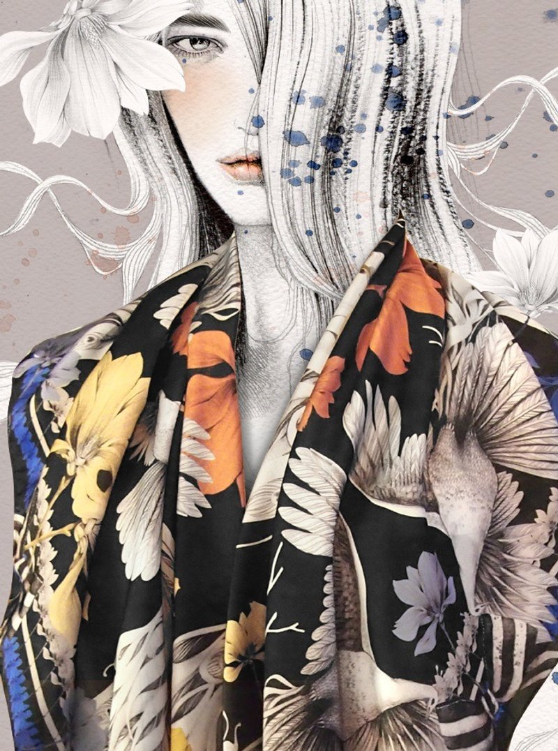 [Me&A Cup of Hot Chocolate] The White Peacock–Black/ 白孔雀 – 黑 - 丝巾 - 丝．绢 多色