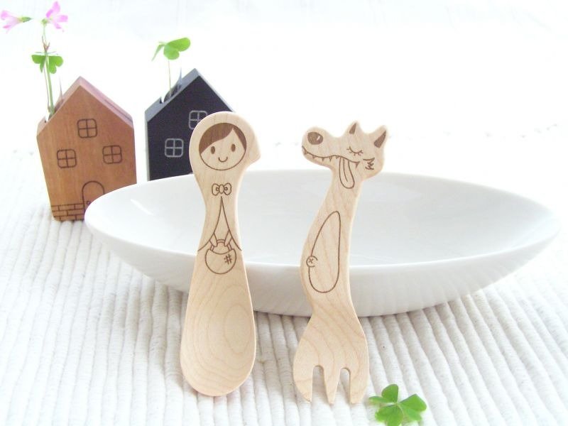 日本藤芸童话故事系列- 小红帽与大野狼 - 餐刀/叉/匙组合 - 木头 多色