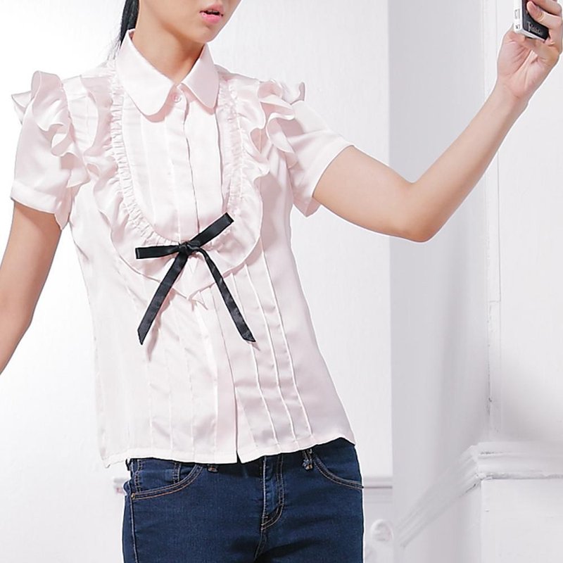 粉色芭比小香风浪漫荷叶雪纺衬衫 最后零码 - 女装衬衫 - 其他人造纤维 粉红色