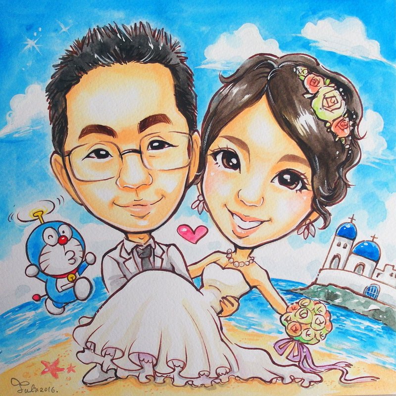 似颜绘_水彩手绘漫画人像_双人全身造型/婚纱造型(含相框) - 订制画像 - 纸 多色