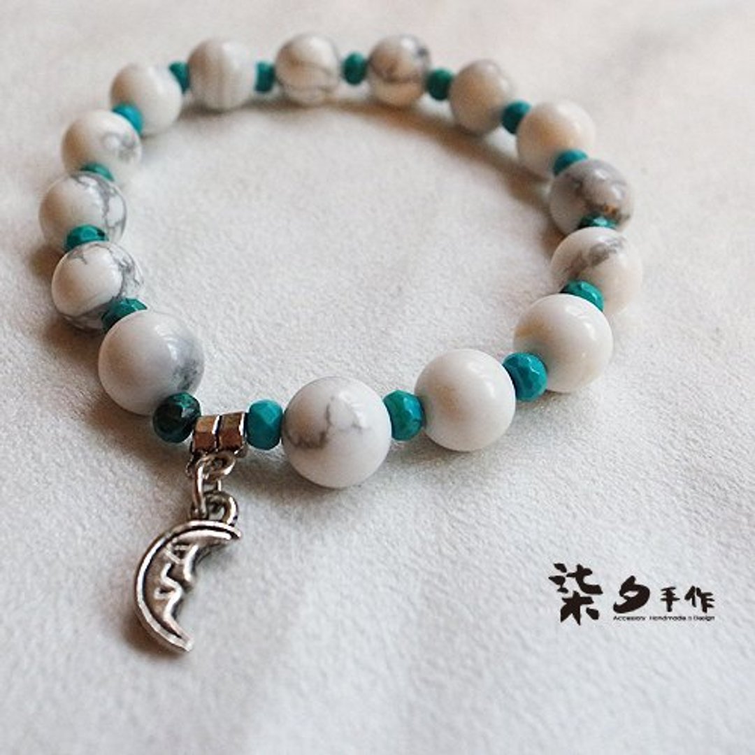 ☽柒夕手作☽【07224】月亮款白纹石搭配绿松石 - 金工/饰品 - 其他材质 白色
