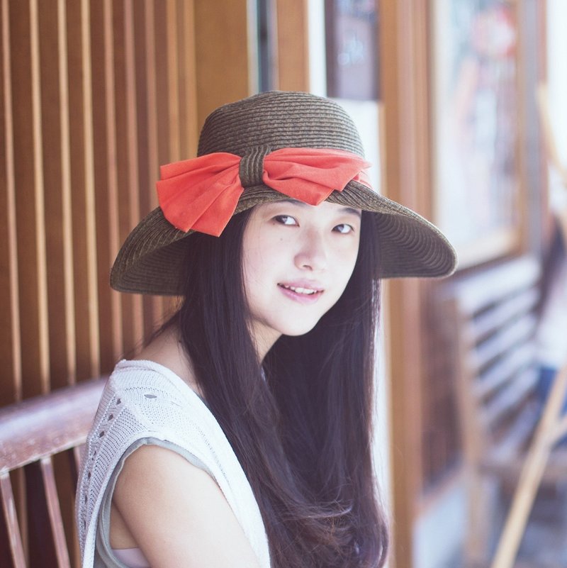 张可爱原创帽子蝴蝶结双用折叠沙滩帽草帽 - 帽子 - 棉．麻 咖啡色