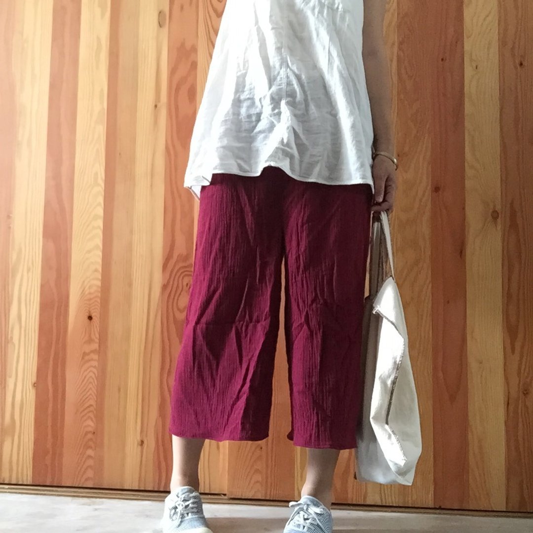 【限量】森林系 纯天然水洗纯双层棉 低档喇嘛枣红色八分宽筒裤 - 女装长裤 - 其他材质 红色