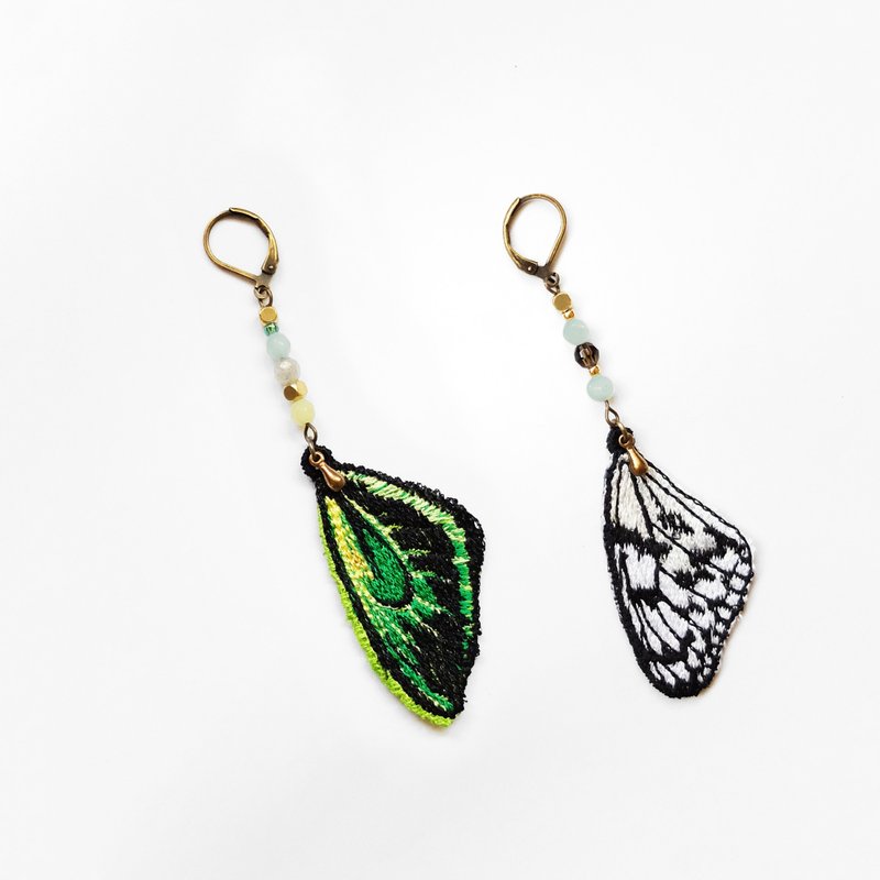 刺绣 蝴蝶 天然石蝶羽耳环 / 大白斑蝶 & 绿鸟翼凤蝶 - 耳环/耳夹 - 绣线 绿色