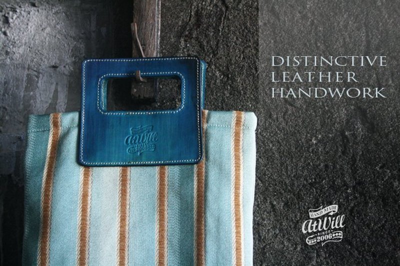 atwill【 my little bag 。我和我的小手袋 】手工牛皮刷色+欧洲缇花布手提包/电脑包★直式□■亮蓝x黄条纹□■ - 手提包/手提袋 - 真皮 