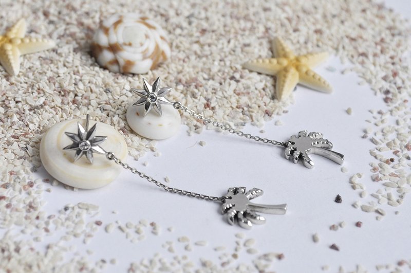 夏日椰子树垂坠耳环 纯银 - 耳环/耳夹 - 纯银 灰色