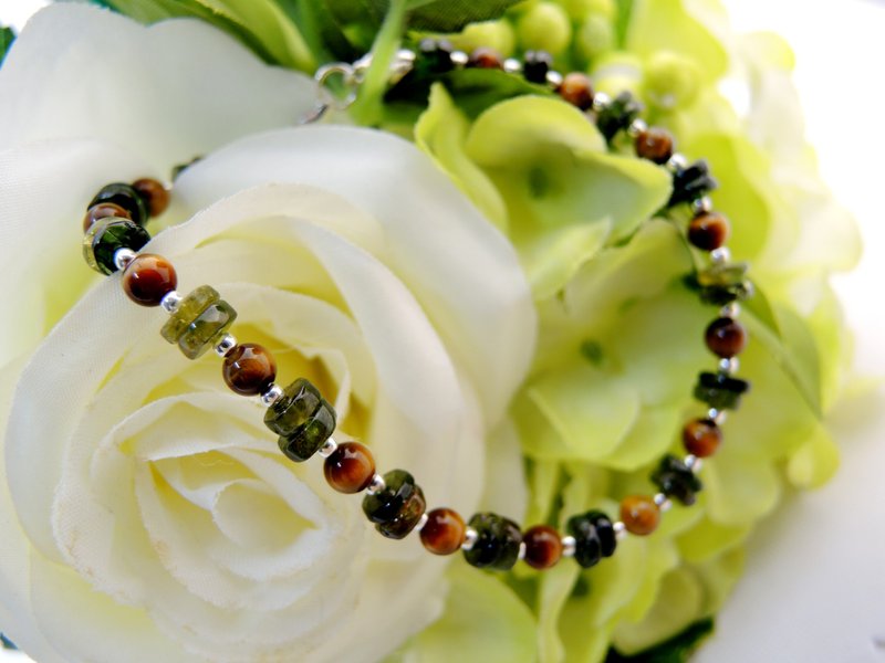 《Green Forest 绿光森林》黄绿碧玺佐虎眼石925纯银手链 - 手链/手环 - 宝石 多色