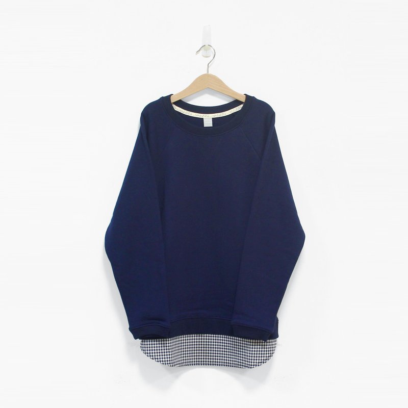 丈青拼接蓝白细格纹-九分袖无肩线大学Tee - 只剩S号 - 女装上衣 - 其他材质 蓝色