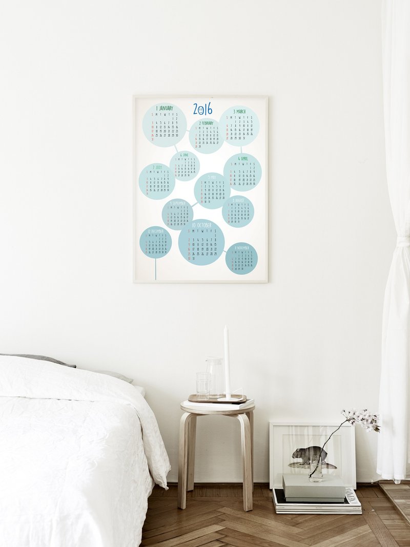 2016年渐变蓝色小圆球年历海报，月历海报 - 年历/台历 - 纸 白色