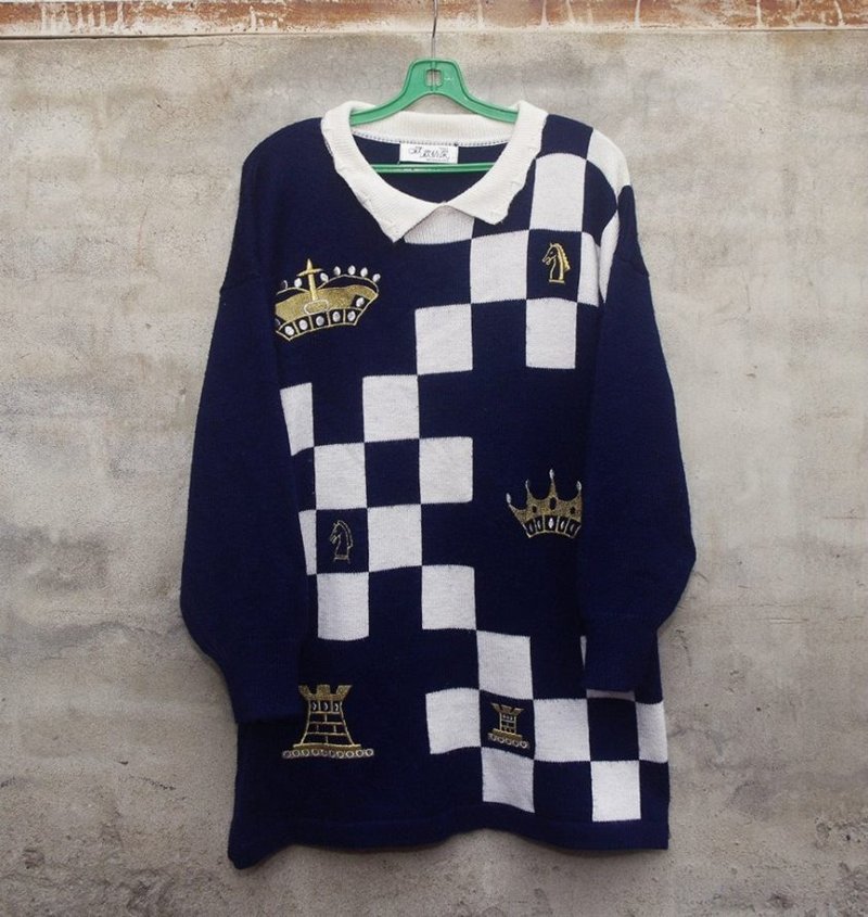 蓝白西洋棋盘格翻领长版针织毛衣 -脱臼古着- - 男装针织衫/毛衣 - 其他材质 蓝色