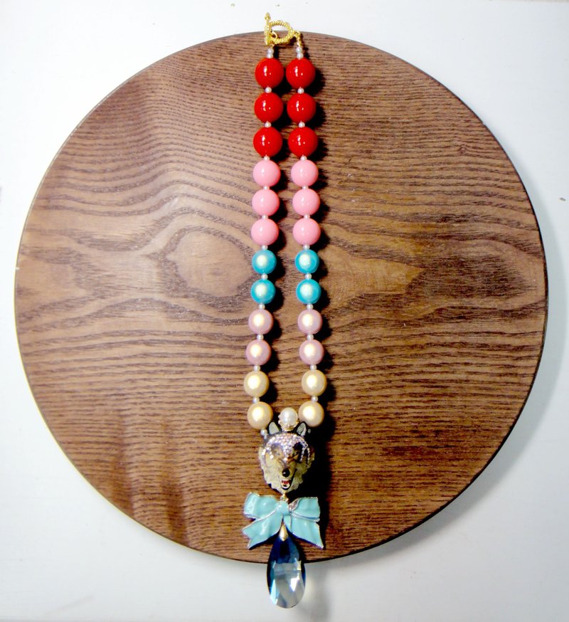 野狼头彩色粗珠子项链 - 项链 - 塑料 粉红色