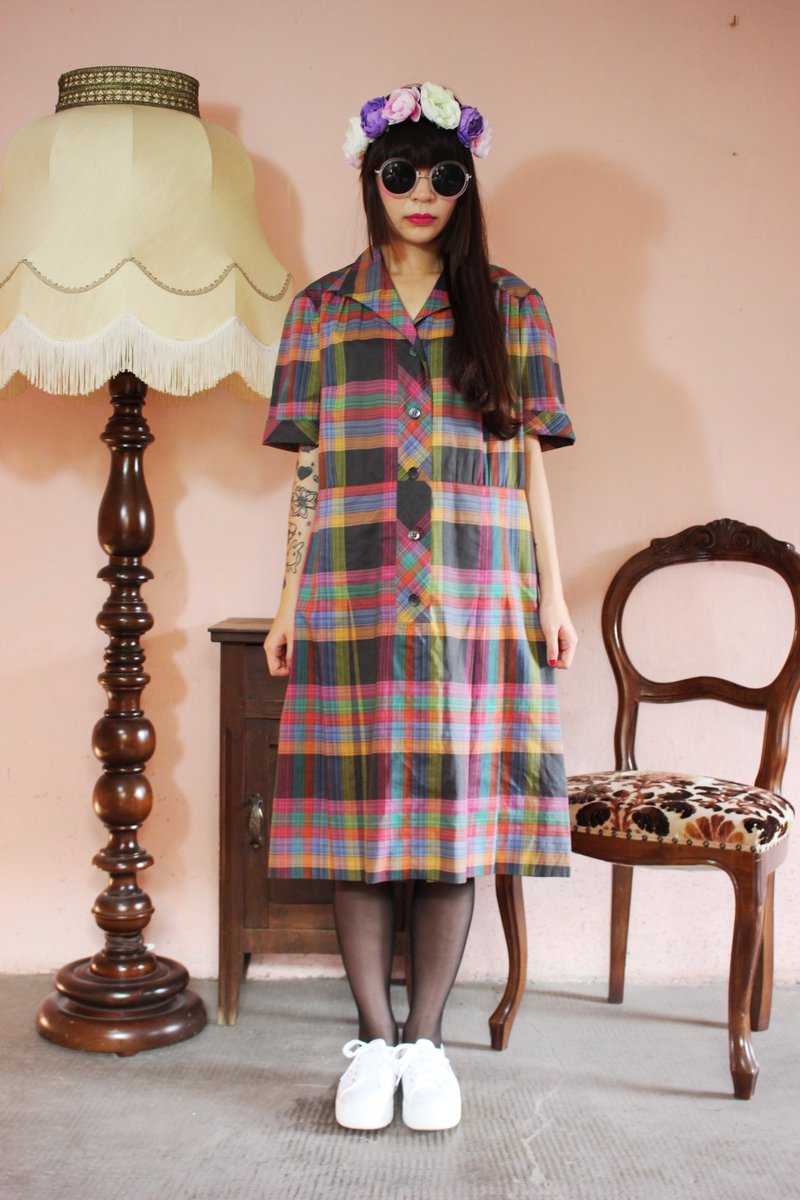 F1152(Vintage)灰色粉红色格纹古着洋装 - 洋装/连衣裙 - 其他材质 灰色