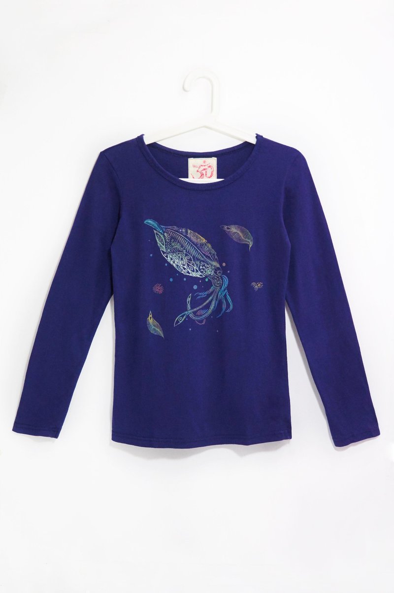 手感自然风棉质长袖上衣 / 发光透抽 ( 海洋蓝 ) - 女装上衣 - 棉．麻 蓝色