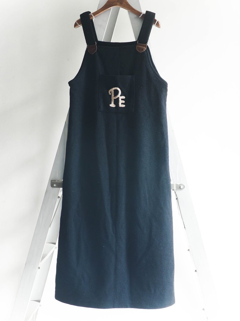 河水山 - 法式优雅圆墨黑舞曲 羊尼毛质古董连身吊带洋装 古着 overalls - 裙子 - 羊毛 黑色