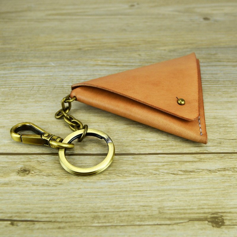 原皮色植鞣革手缝三角零钱包 - 零钱包 - 真皮 咖啡色