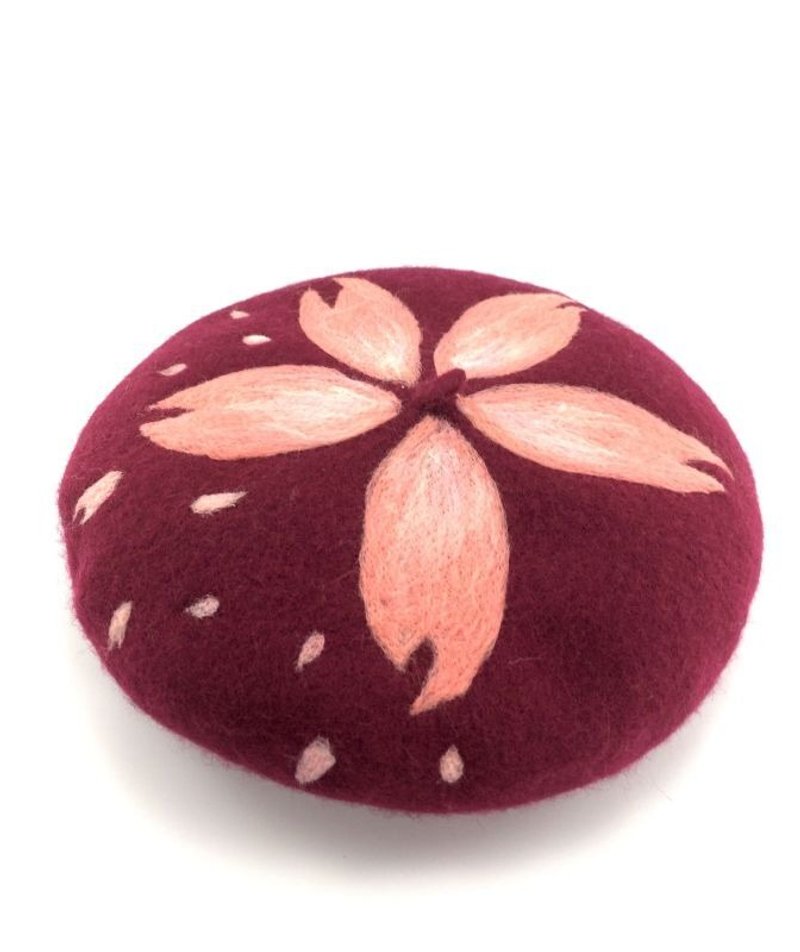 酒红色 樱花图案 贝雷帽 画家帽 羊毛毡贝雷帽 惊艳大气 新款上市 独家发售 - 帽子 - 羊毛 红色