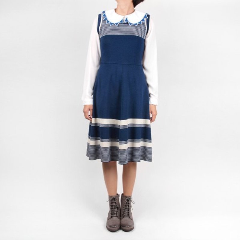 │moderato│奥黛莉的复古优雅甜美气质针织条文古着洋装/独特.个性.优雅.森林系女孩 - 洋装/连衣裙 - 其他材质 蓝色