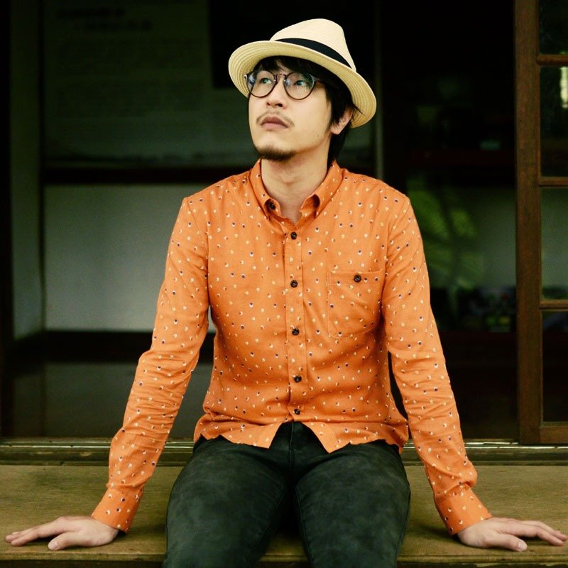 水彩水玉点点长袖衬衫 - 男装衬衫 - 其他材质 橘色