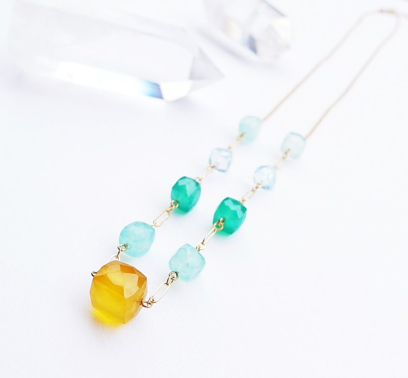  糖砖跳色 天然玉髄海蓝宝 14K GF 送礼 天然石 轻珠宝 水晶 项链 - 锁骨链 - 宝石 多色