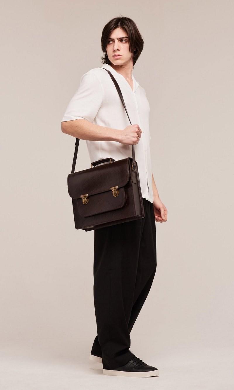 Santa Anna M 英伦手工牛皮公文包/小书包 中号 - 侧背包/斜挎包 - 真皮 咖啡色