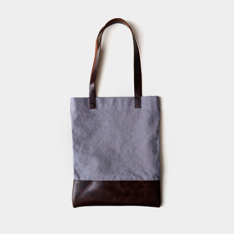 【简单生活的梦想家】牛皮托特包 皮革肩背包 TOTE 水洗帆布拼接 - 手提包/手提袋 - 真皮 咖啡色