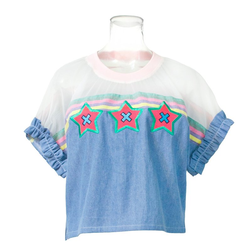 WU JUIU PLEASE薄牛仔布拼接纱星星电绣上衣 - 女装上衣 - 棉．麻 蓝色