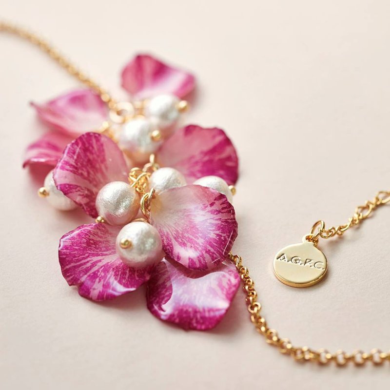 硬胶花痴AGFC全立体真花制作 花瓣棉棉珠 24K镀金项链 项链 颈链  - 颈链 - 植物．花 多色