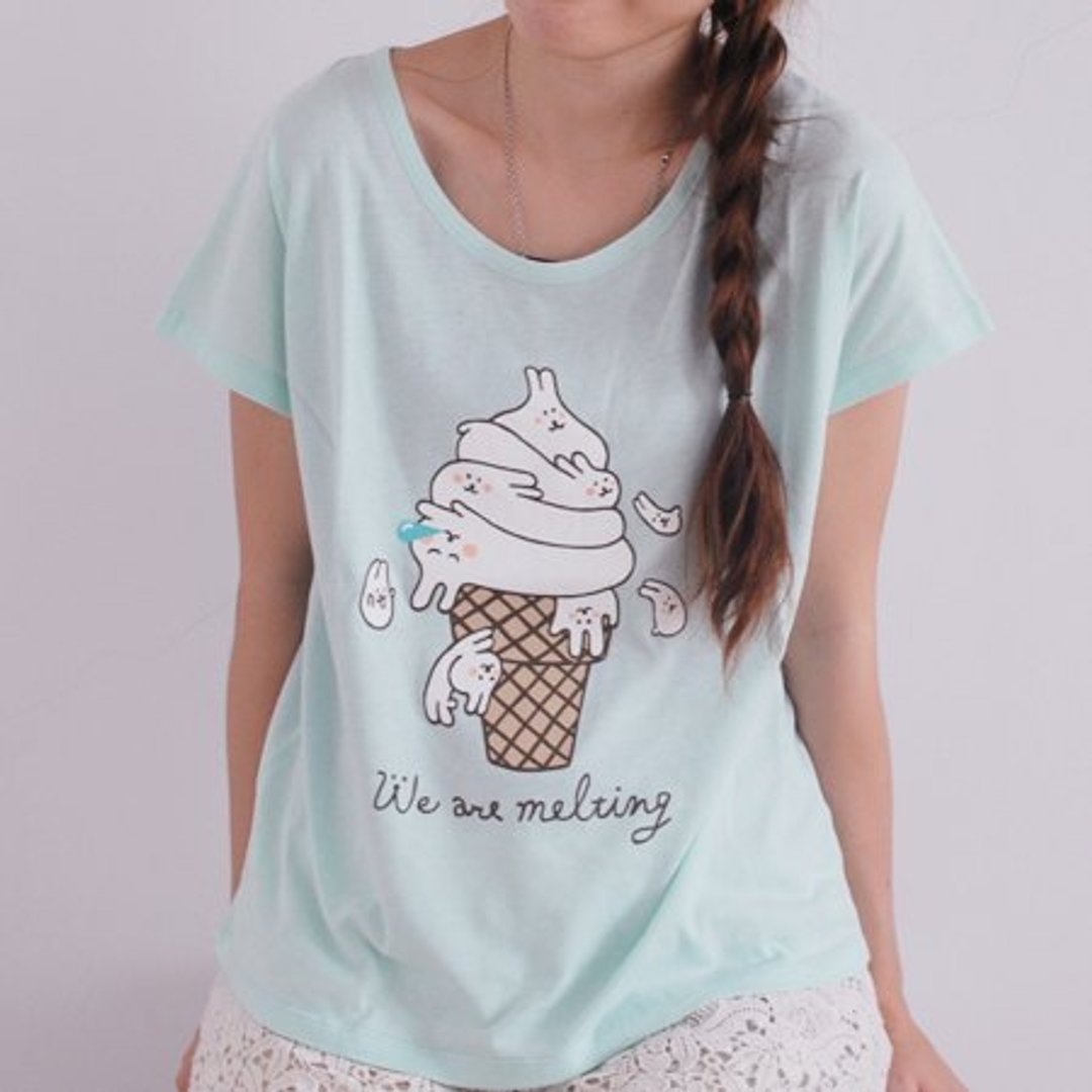 *Mori Shu* 麻糬兔香草冰淇淋T-shirt(湖水绿下标区) - 女装短裤 - 棉 绿色