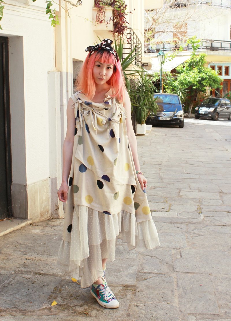 moi non plus 棉麻 蝴蝶结绑带 多层次裙摆洋装  - 洋装/连衣裙 - 其他材质 蓝色