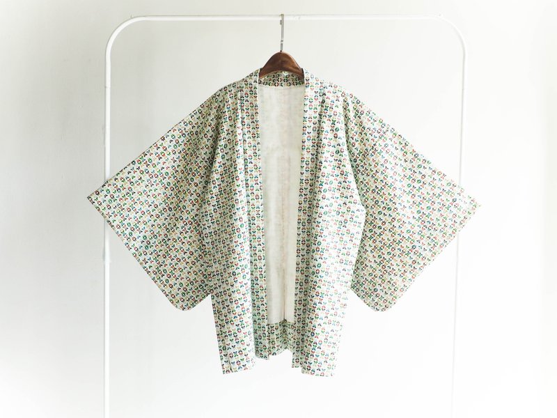 河水山 - 春季粉绿色蝴蝶碎花 羽织 日本古董和服外套 古着 - 女装休闲/机能外套 - 棉．麻 绿色