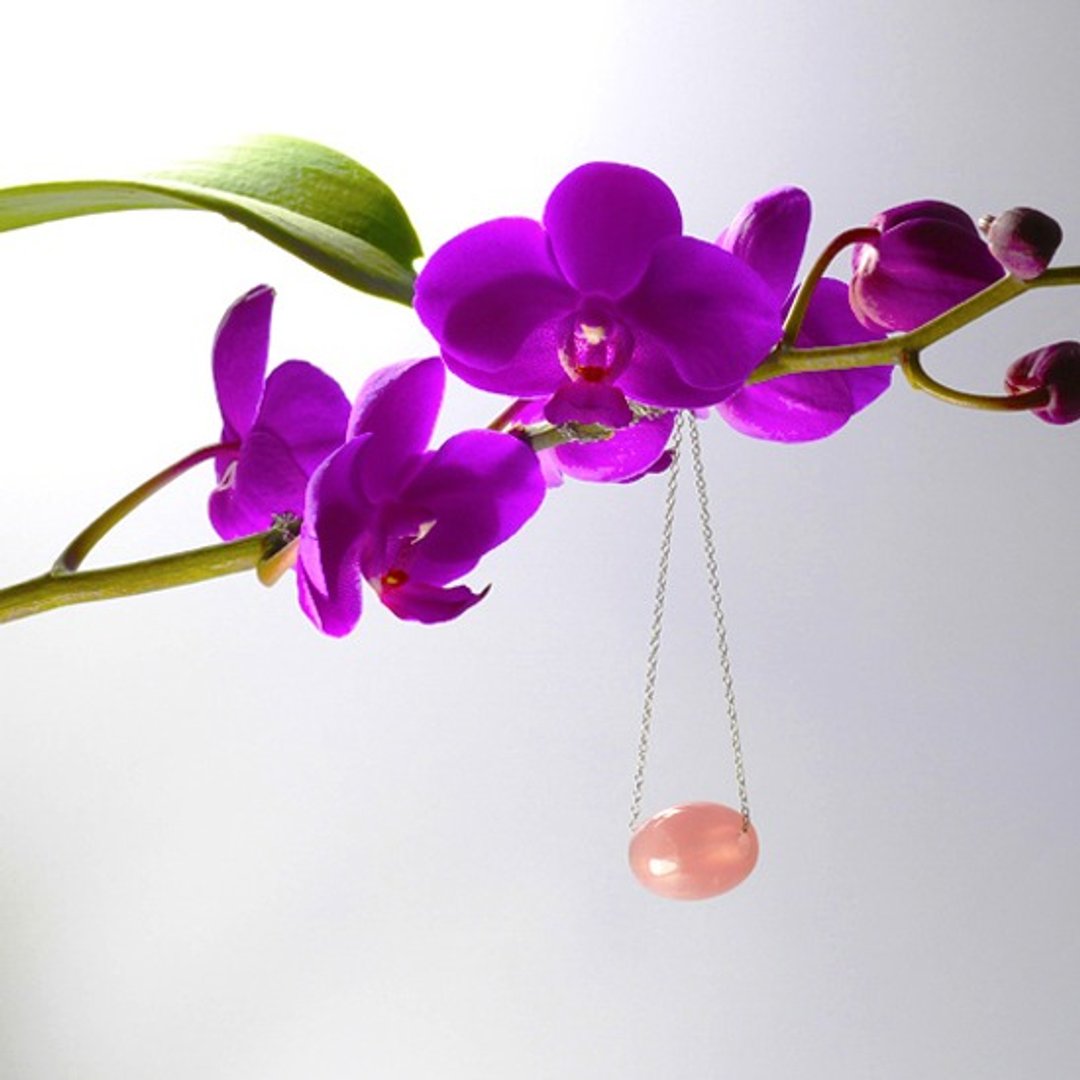 粉晶坠子 桶珠 项链 清新芙蓉石珠子 马达加斯加半宝石 纯银链子 - 项链 - 宝石 粉红色