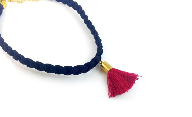 “黑色麻花颈链-深红流苏” - 项链 - 真皮 红色