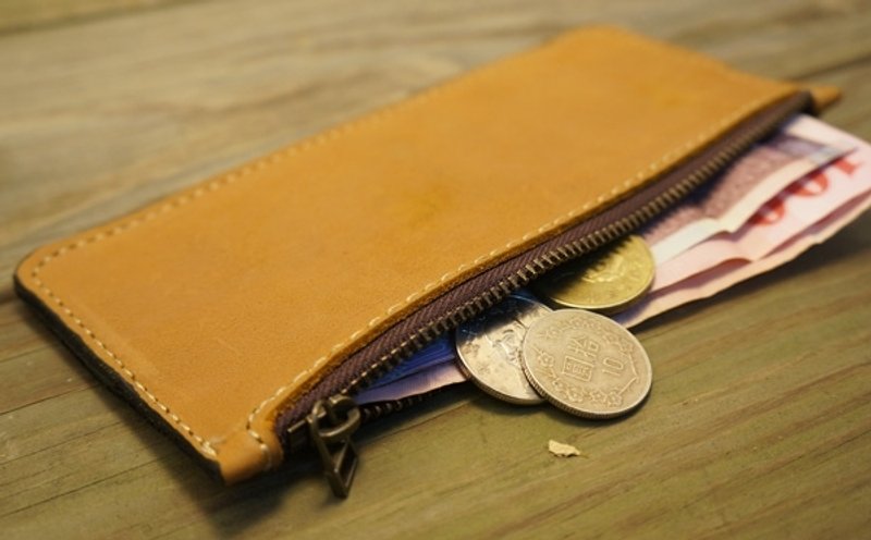 ‘轻便个性’大拉链零钱长夹 （客制刻字、免费包装） - 皮夹/钱包 - 真皮 橘色