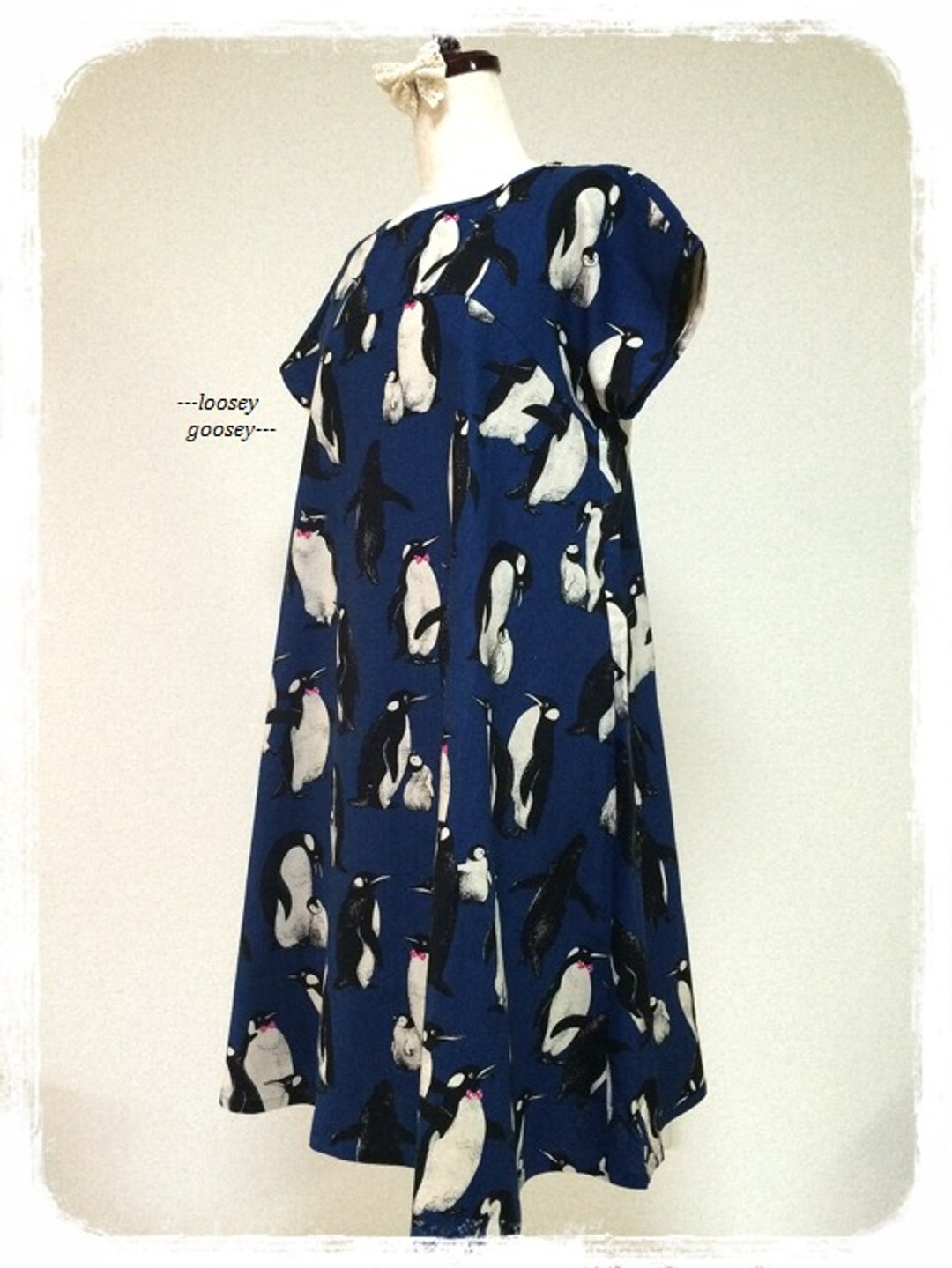Penguin pattern of flare dress: Indigo Blue - 洋装/连衣裙 - 棉 蓝色