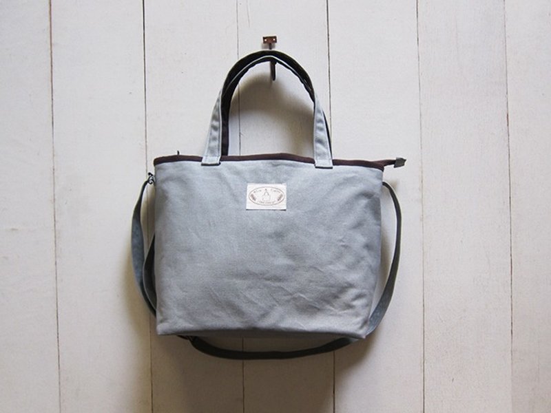 马卡龙系列-浅灰+深咖啡中型帆布托特包 (拉链开口款+可调式长背带) - 侧背包/斜挎包 - 其他材质 多色