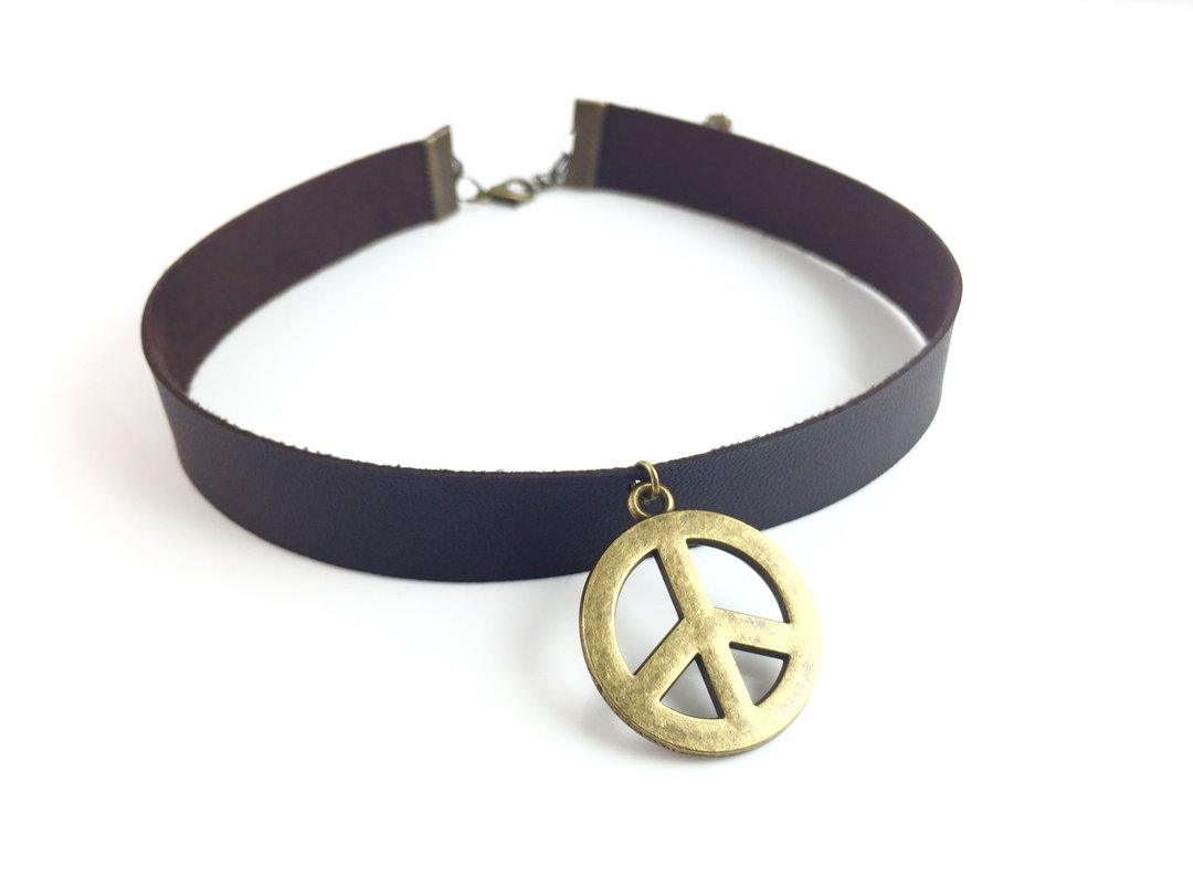 “古铜Peace-咖啡色宽版皮绳颈链” - 项链 - 真皮 咖啡色
