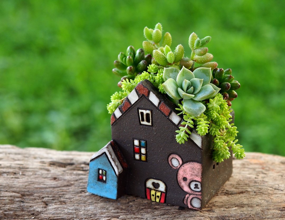 【花园小屋Garden】陶手作-超可爱陶手作小熊屋(S)/岩石黑色/Ceramic House/接单订制 - 植栽/盆栽 - 其他材质 