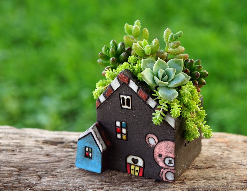 【花园小屋Garden】陶手作-超可爱陶手作小熊屋(S)/岩石黑色/Ceramic House/接单订制 - 植栽/盆栽 - 其他材质 