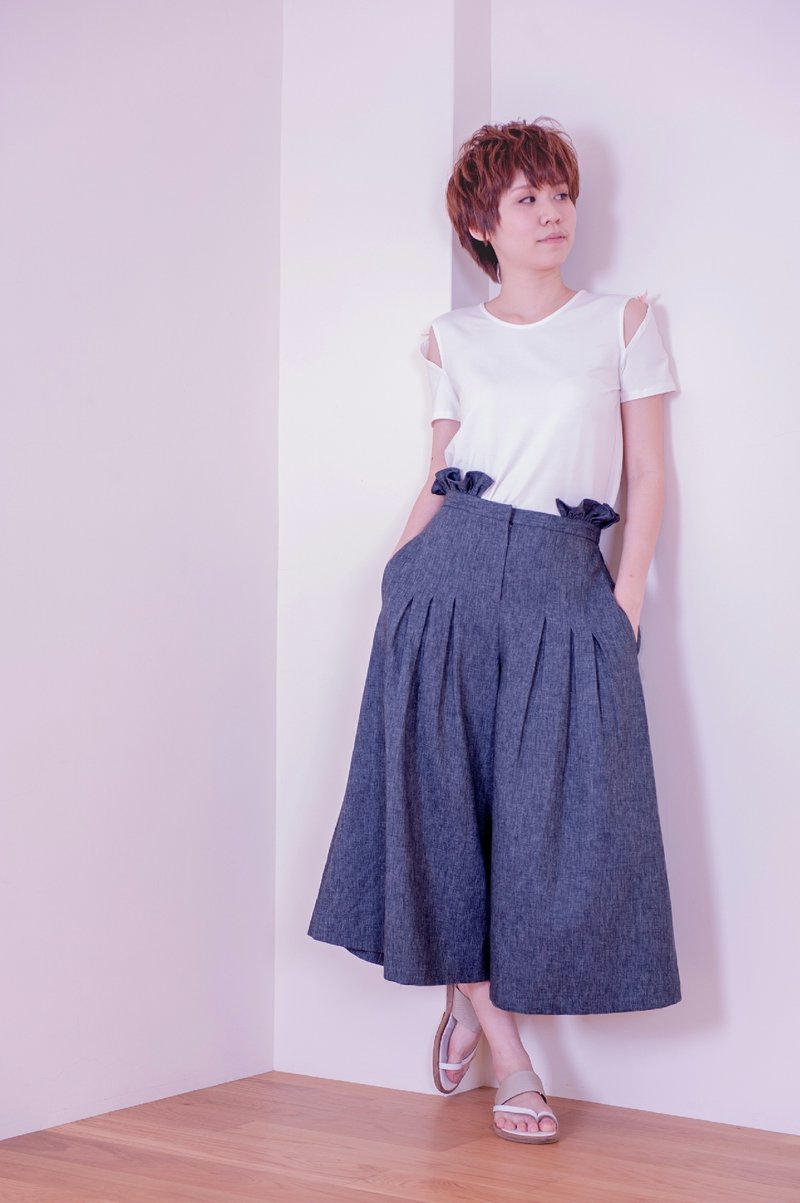 Folsom 荷叶腰饰宽版裤裙  - 女装长裤 - 其他材质 蓝色