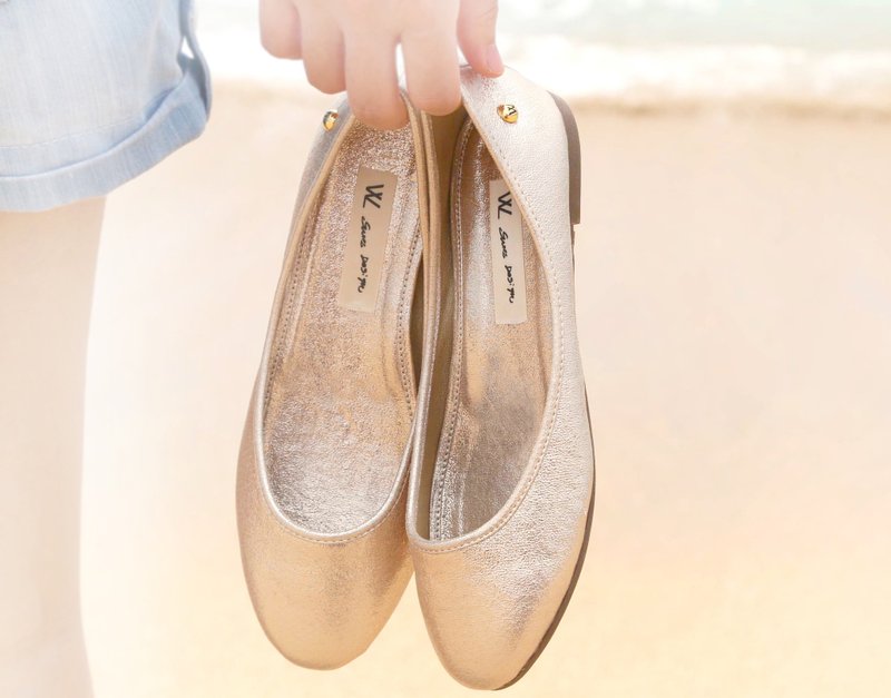 金色美人鱼(金)WL微尖楦平底鞋－Gold Flat - 女款牛津鞋/乐福鞋 - 真皮 金色