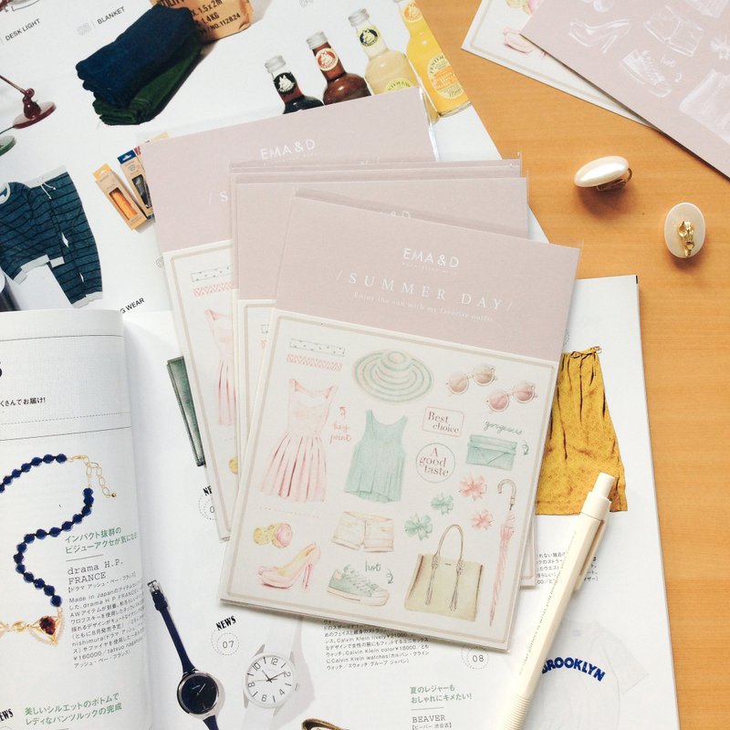 夏天服饰插画贴纸卡片组 - 贴纸 - 纸 粉红色