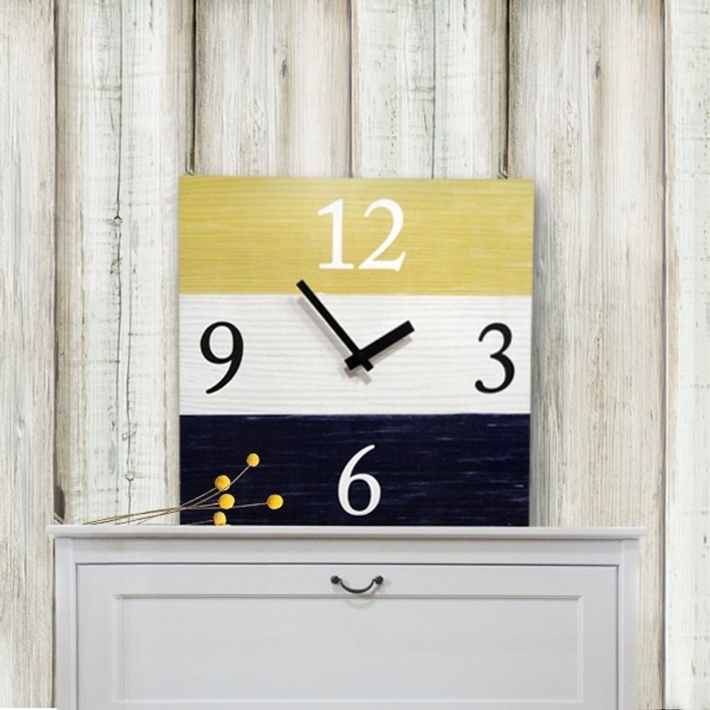 实木复古时尚挂钟-蓝-白-黄--正方形-30cmX30cm-静音 - 时钟/闹钟 - 木头 黄色