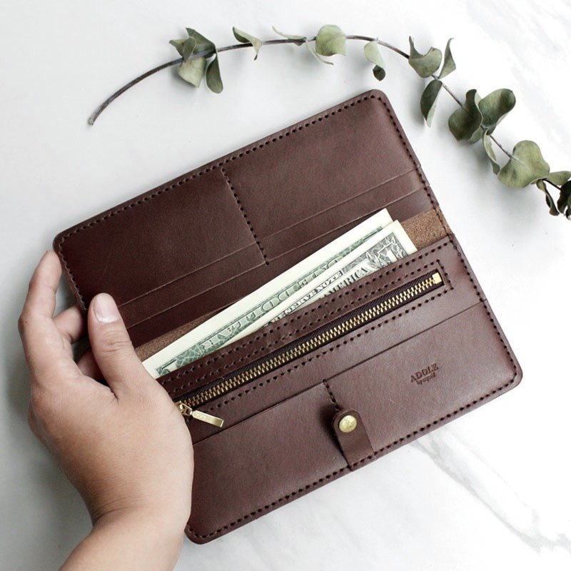 【定制化礼物】真皮手做Diy套组-长夹/焦茶色(免费定制刻字) - 皮件 - 真皮 