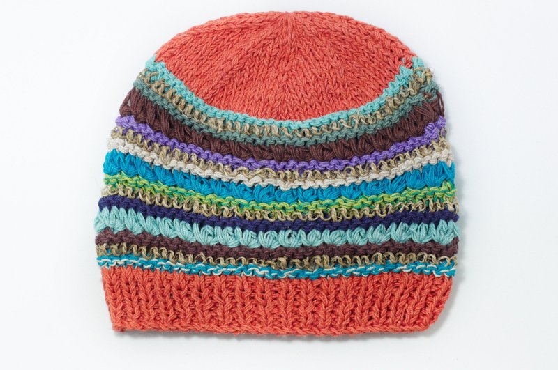 母亲节礼物 手工编织帽 / 手织毛帽 / 手织渔夫帽 (made in nepal) - 橘子色拼接棉麻+棉线 - 帽子 - 棉．麻 多色