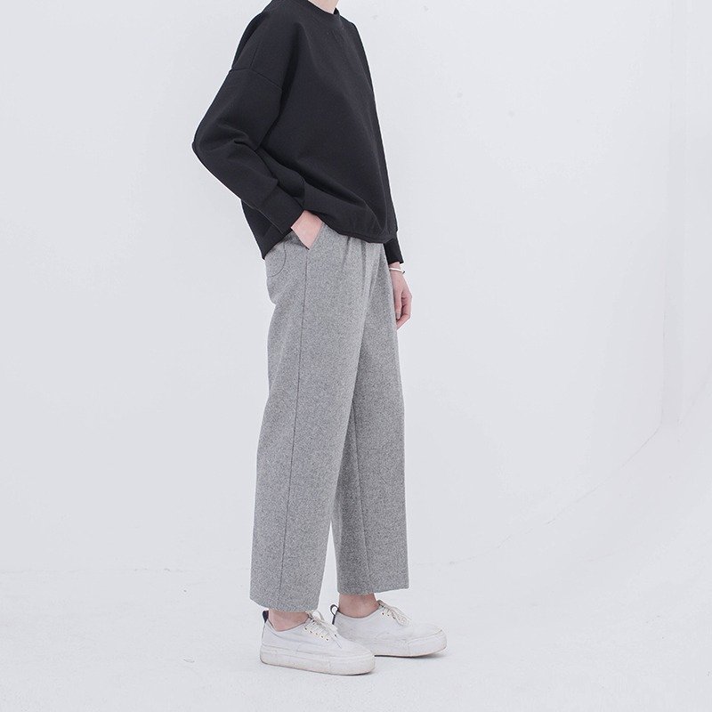 淺灰色 冬日必入遮肉燒 版型超好 羊毛呢直筒闊腿長褲 - 女装长裤 - 羊毛 灰色