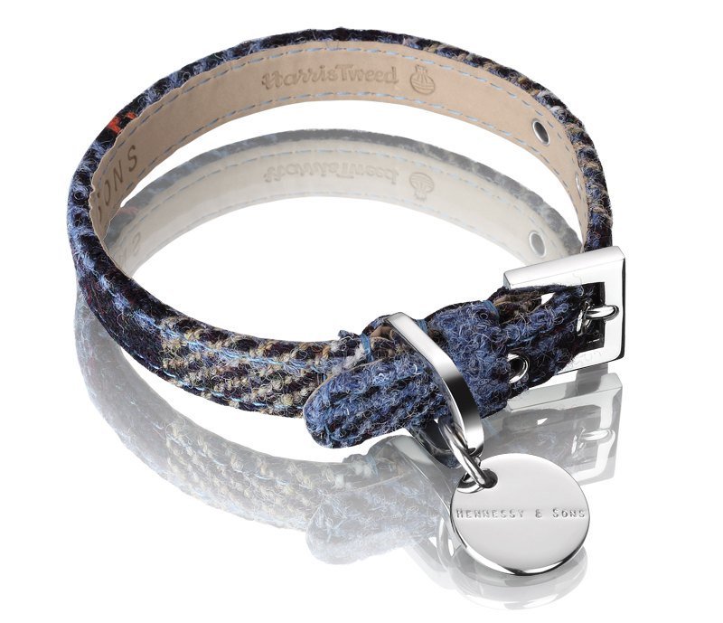 H&S 轩尼诗父子 尺寸M - 三色 哈里斯羊毛真皮项圈 - 项圈/牵绳 - 真皮 蓝色